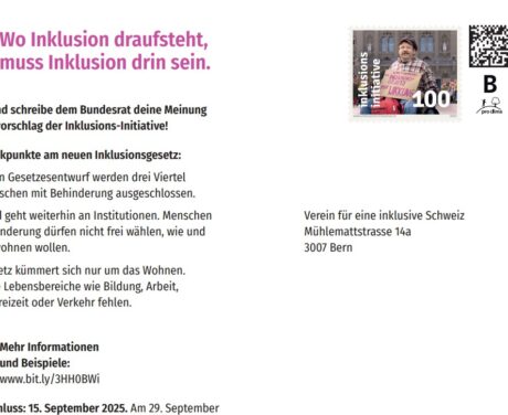 Postkarte. Im Text auf der Postkarte werden die Kritikpunkte am Inklusionsgesetz genannt.